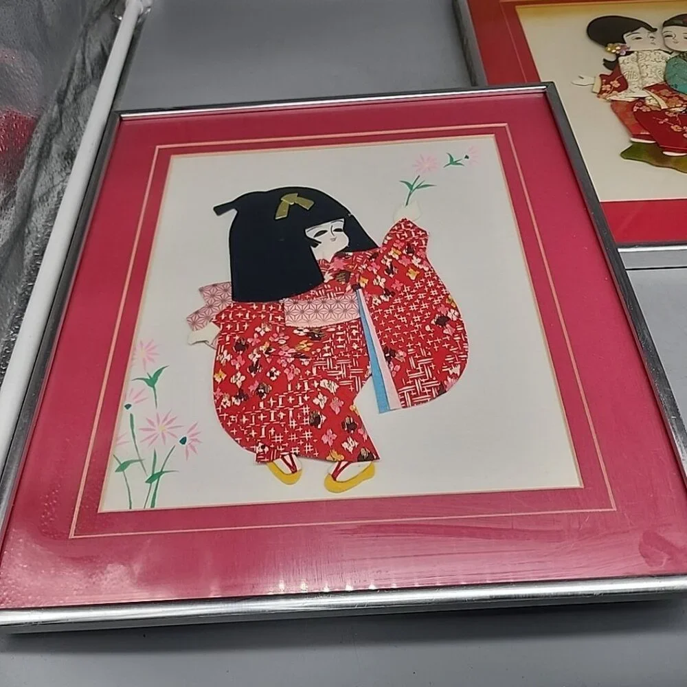 Pair Set Japanese Girl Kimono Fabric 3D Wall Art Geisha Wood Frame Art Asian